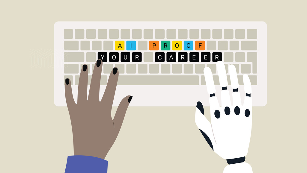 computer keyboard with a human hand and a robot hand