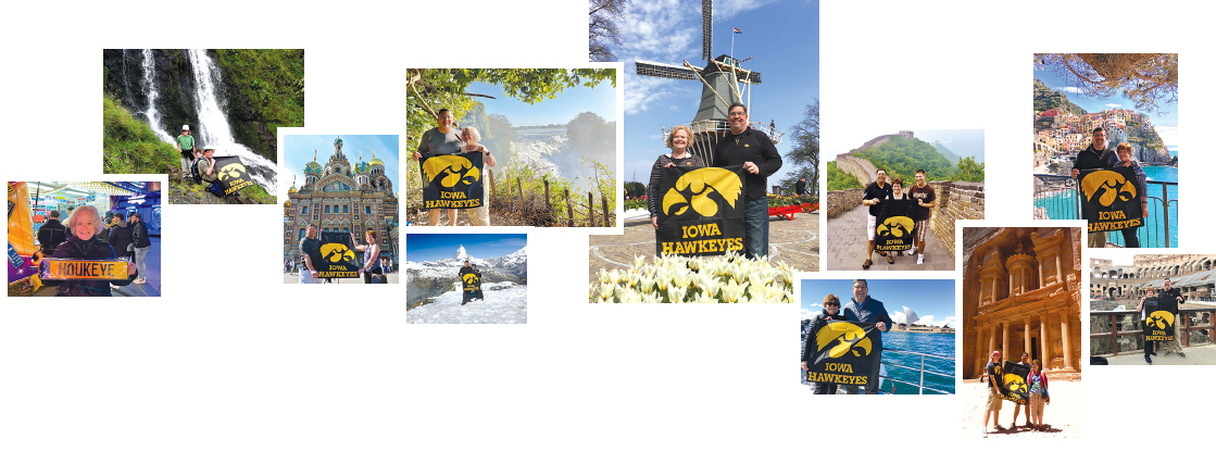 Arlene and Andy Houk with their Hawkeye flag around the world.