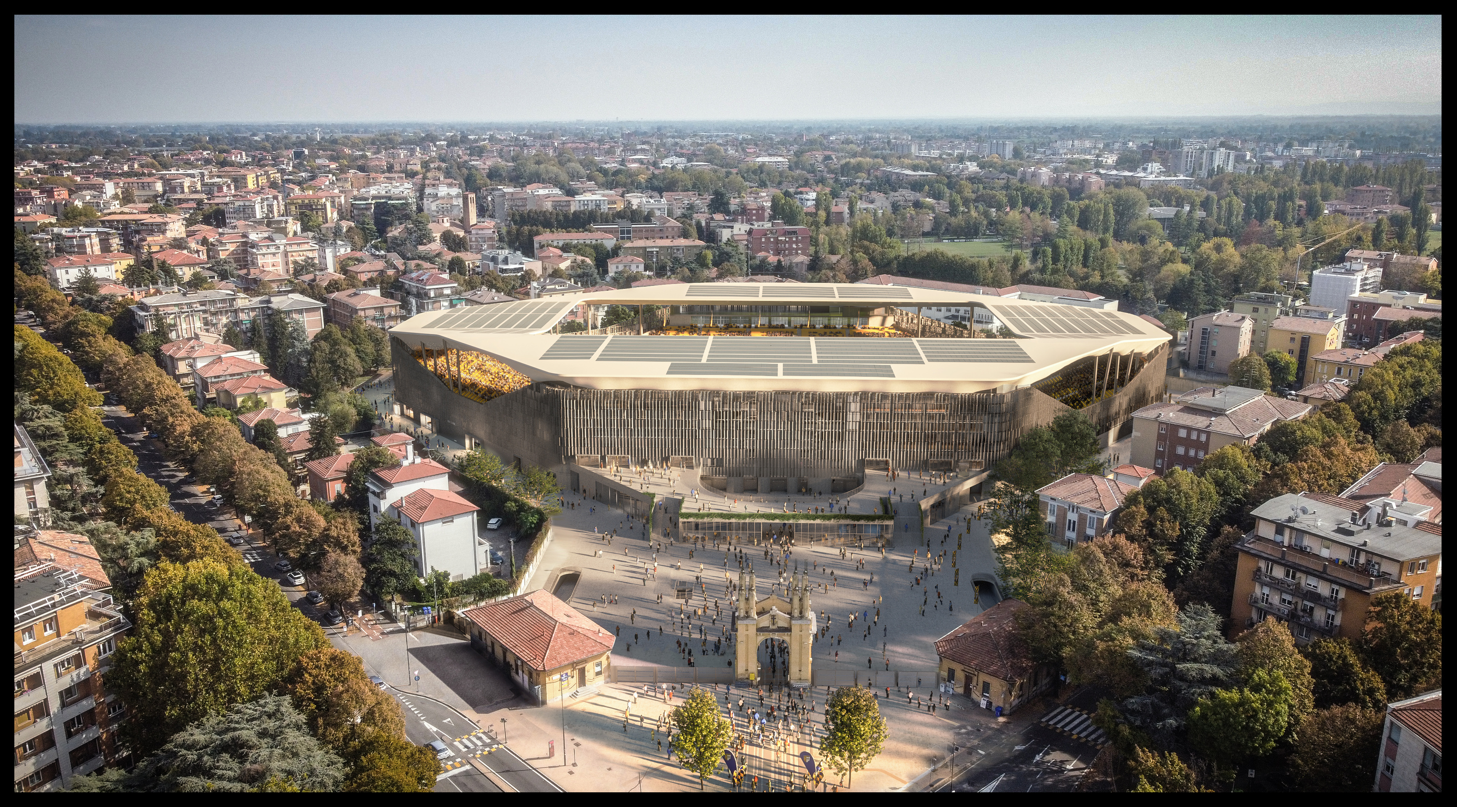 Rendering of the proposed stadium in Parma. 