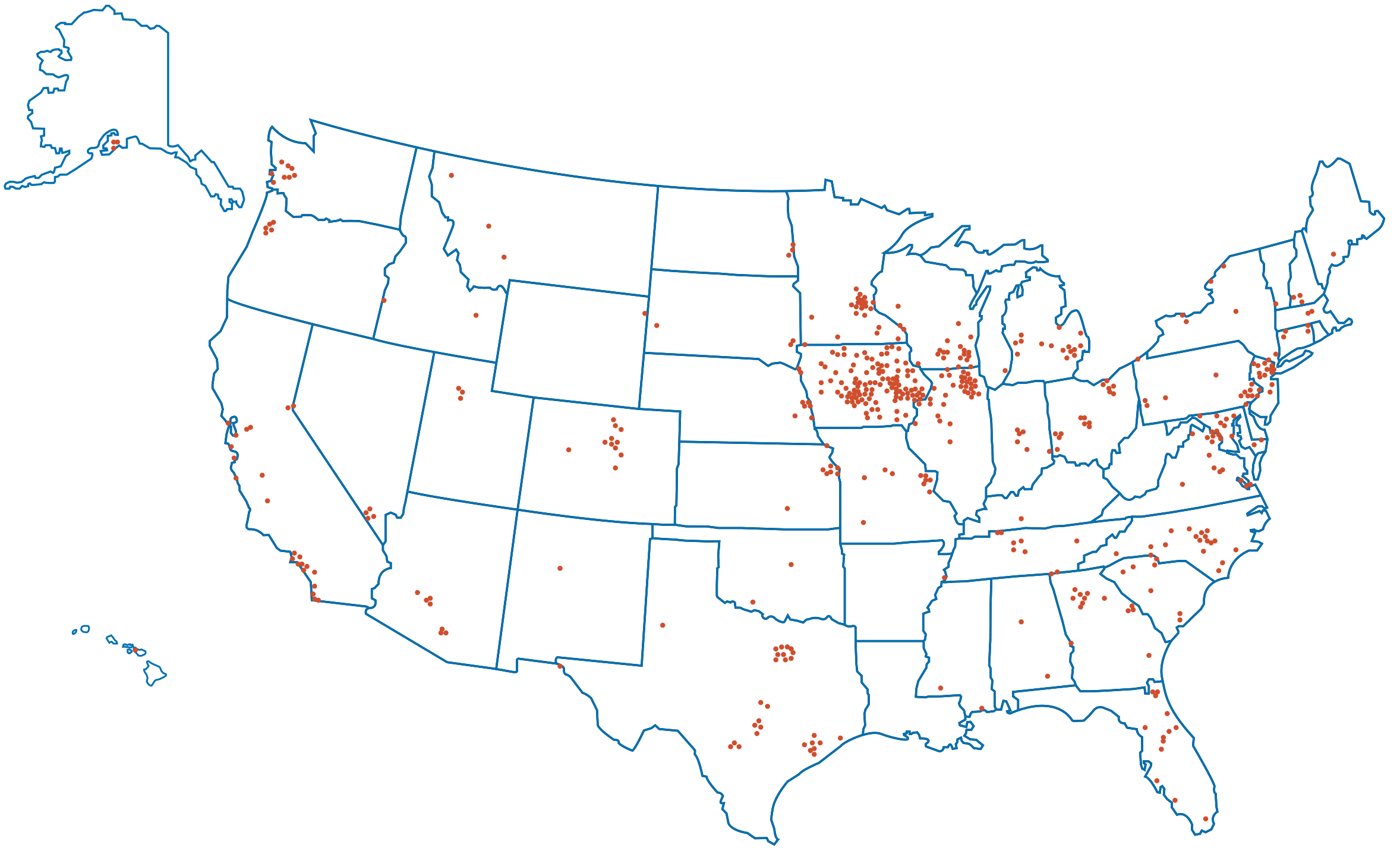 US map with dots indicating where Iowa MBA students are from