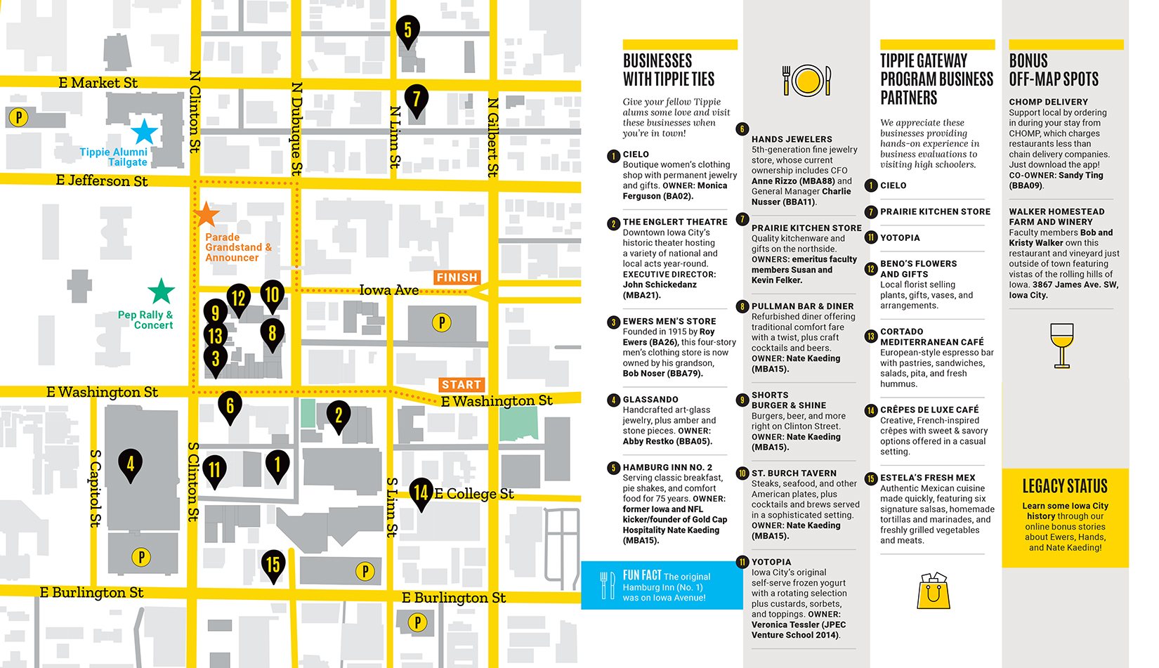 Downtown Iowa City map with businesses related to the Tippie College of Business