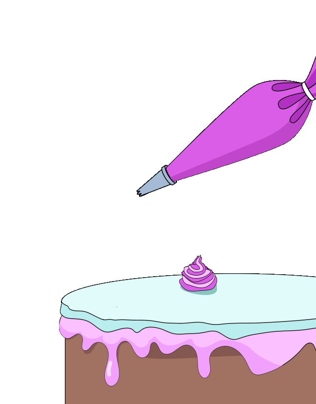Animation of a piping bag piping pink dollops of frosting onto a rotating cake. 