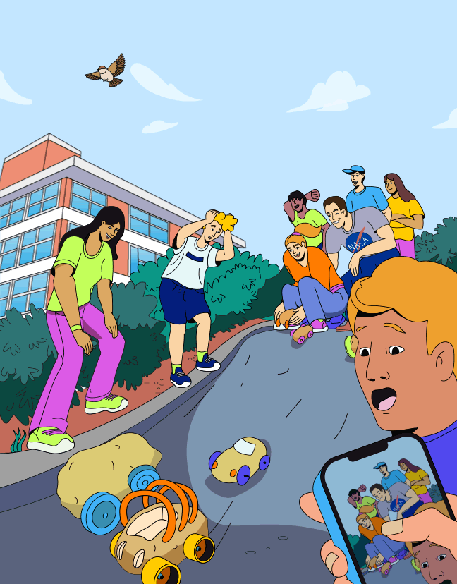 Animation of Daniel Newton's class during potato derby, potatoes on wheels moving down a hill with participants watching.