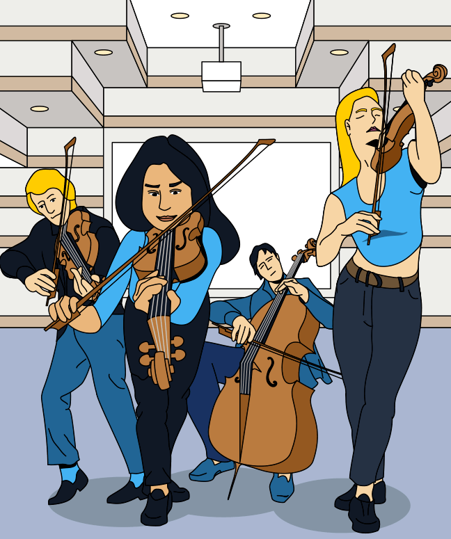 Animation of a string quartet performing in the Pappajohn Business Building