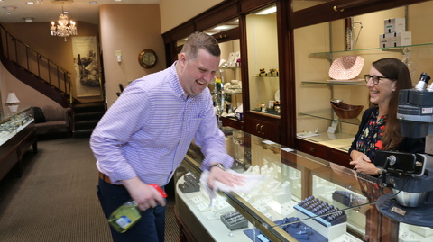 Charles Nusser may be the owner of Hands Jewelers, but he still wipes down counters