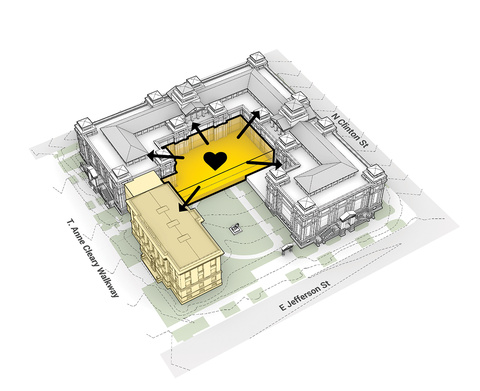 Business building campus diagram, with atrium marked as the "heart" of the building. 