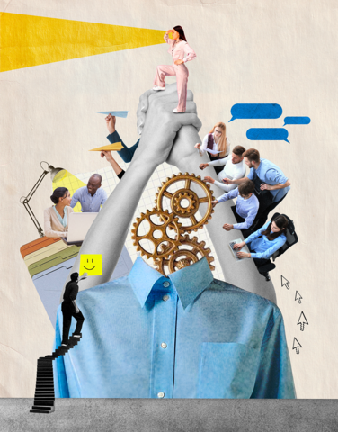 Collage of workers gathered around a table, blue button-up shirt with gears for a head, blue text bubbles, and a person standing atop it all looking left with thier view as a golden triangular field. 
