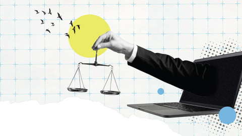 A collage of an arm coming out of a laptop screen holding the scales of justice.