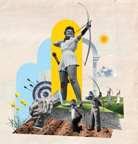 Collage of a woman smiling while aiming a bow and arrow, with more people below aiming bows and arrows, a target with four arrows stuck in, yellow flowers, and an architectural arch reminiscent of academia.