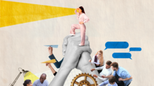 Emily Campion story illustration with office workers and a person looking ahead.