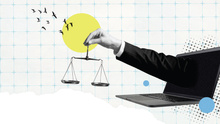 Pat Johanns story image with an arm coming out of a laptop holding the scales of justice.