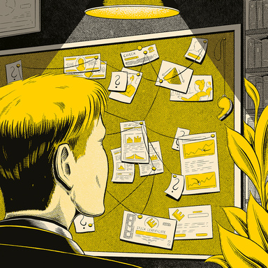 Illustration of Erik Lie looking at a dectective's bulletin board of clues