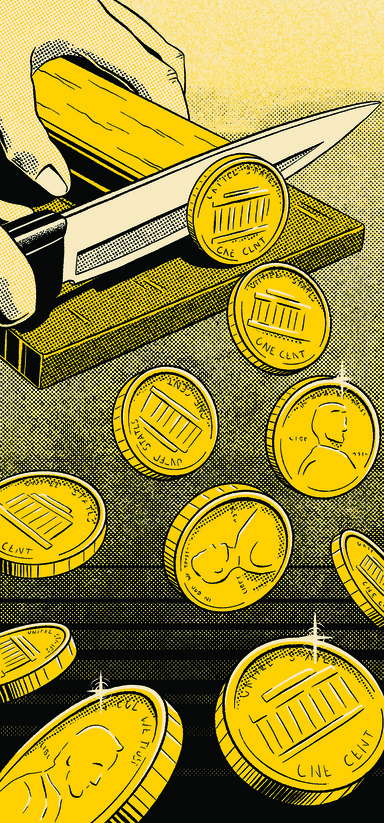 Illustration of a person slicing a salami, with coins coming off as slices.