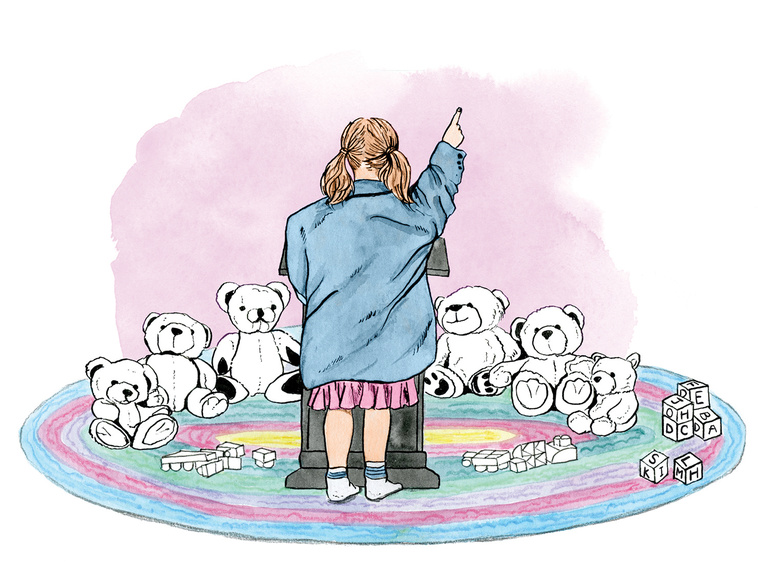 View from behind a little girl in pigtails at a podium. Teddy bears are assmbled before her on a rug. 