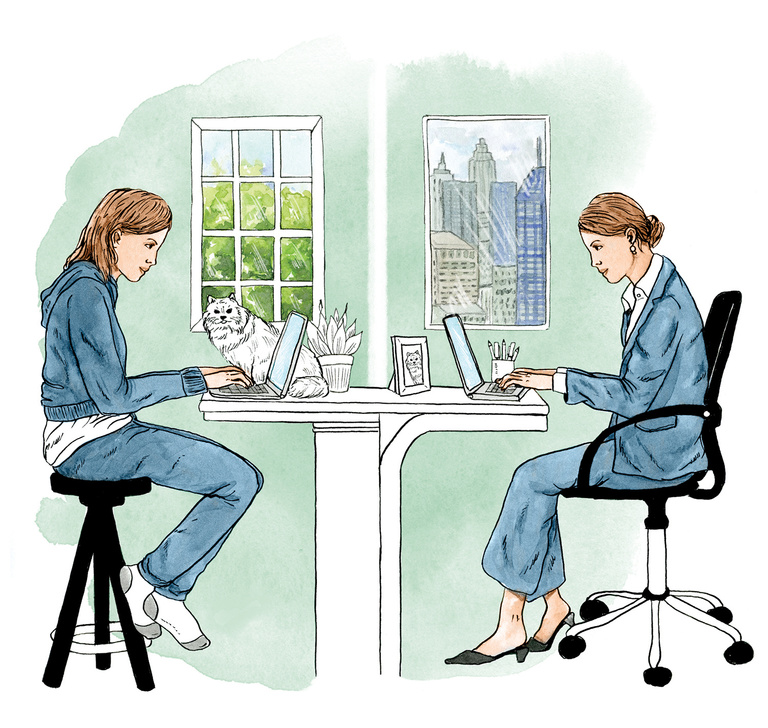Split screen style image of woman working at home in casual clothes and at the office in a suit.