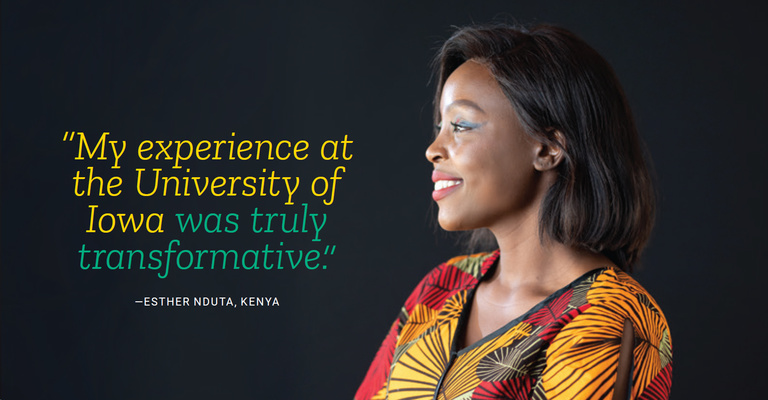 Esther Nduta photo with quote "My experience at the University of Iowa was truly transformative." 