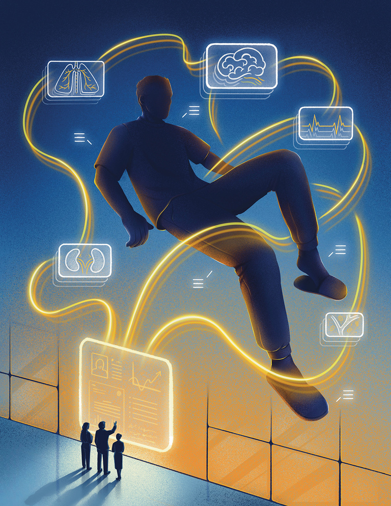 Patient floating with data points and gold lines around them, data scientists looking at a screen in the bottom left corner.