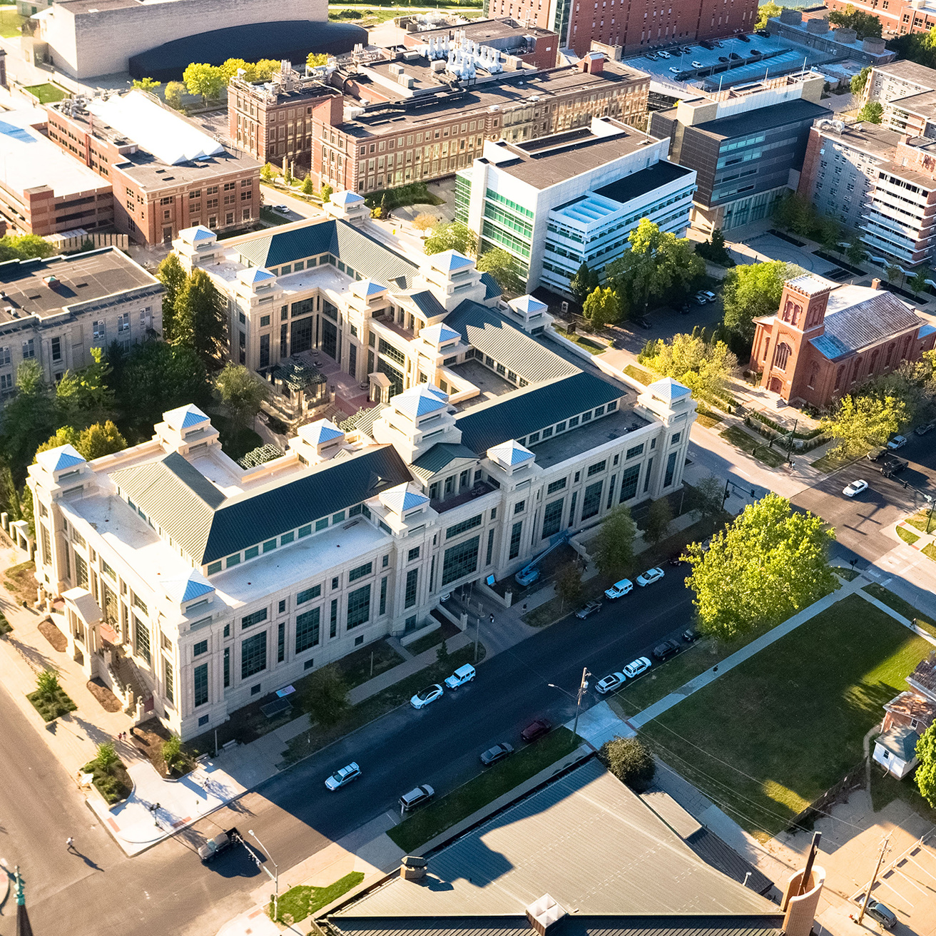Aerial photograph of the Pappajohn Business Building
