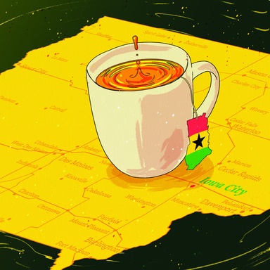 A photo illustration of a tea cup on a Ghanan flag