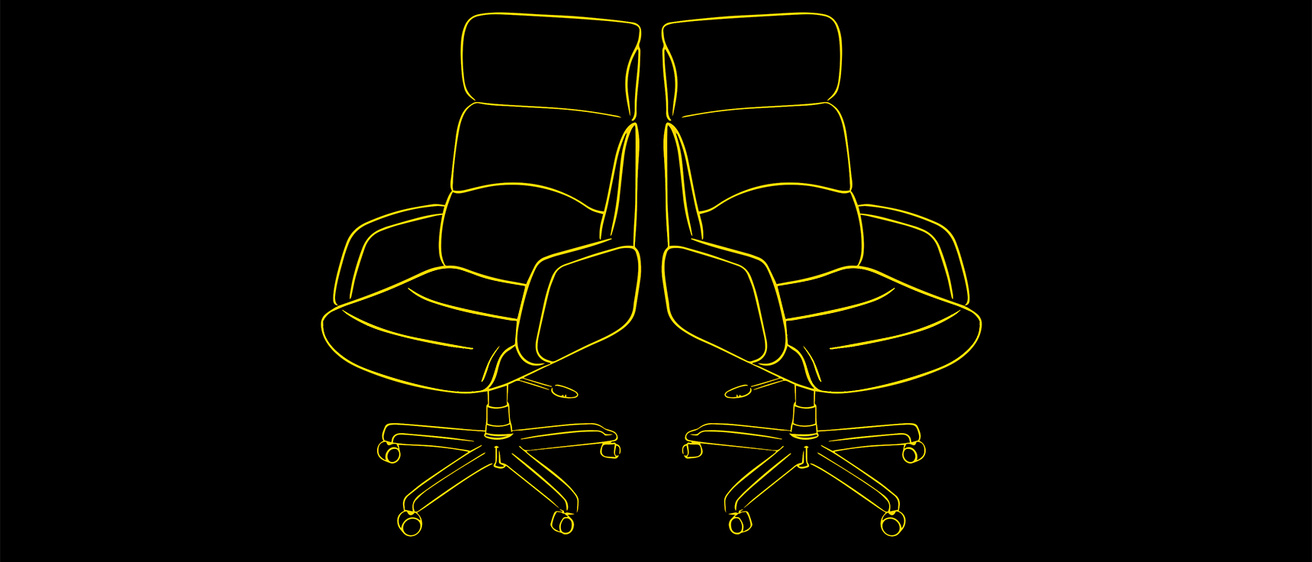 Drawing of back to back gold office chairs on a black background