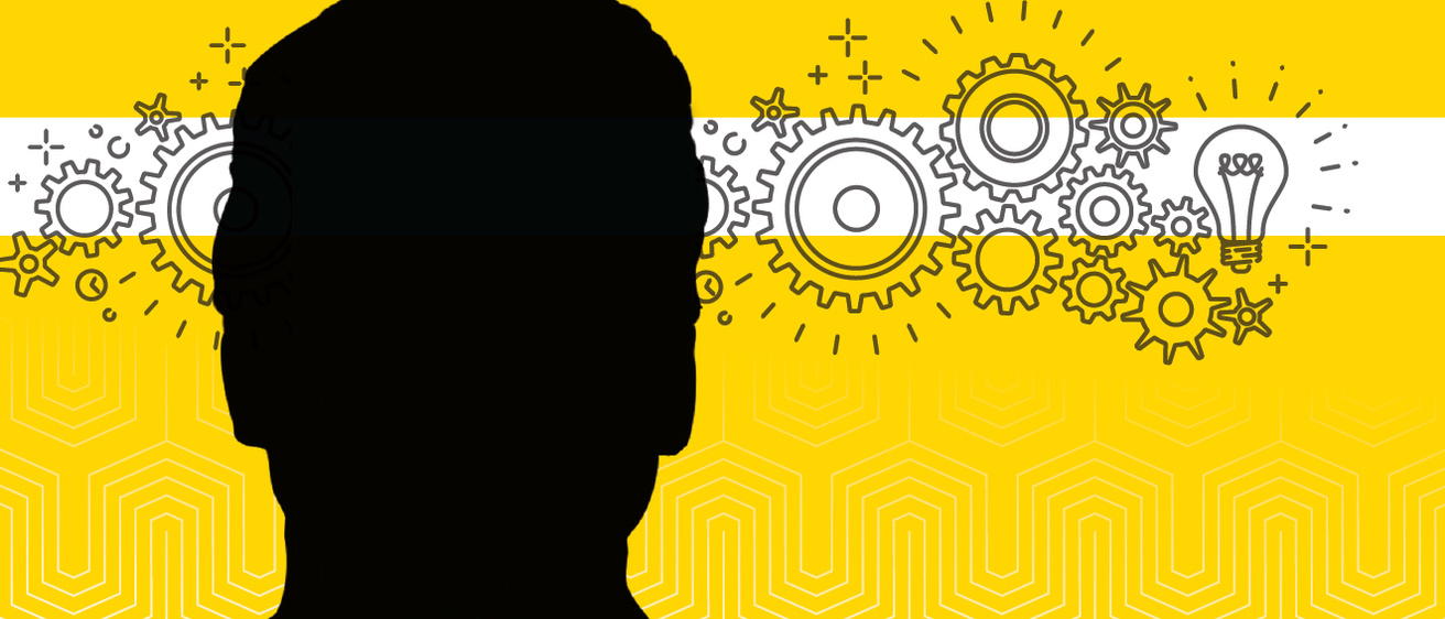 Silhouette of a person with a gold and white background with interlocking cogs.