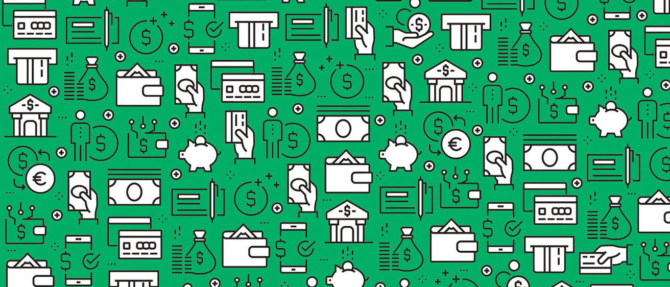 Green background with icons related to money and banking.