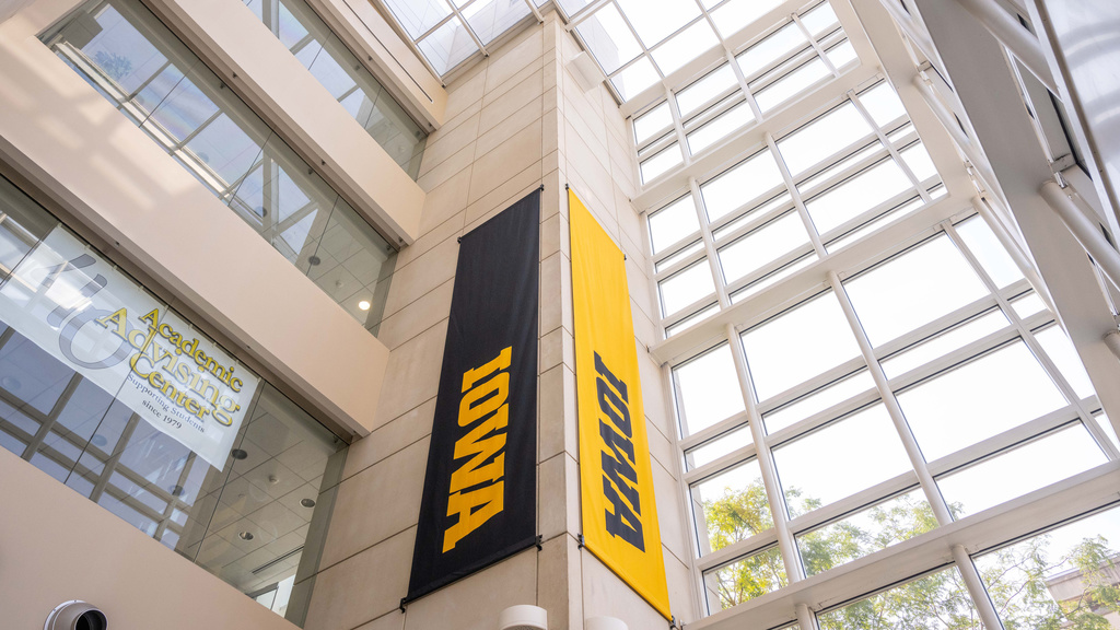 Iowa banners hanging from wall