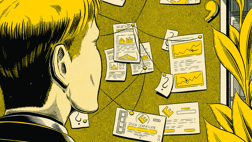 Illustration of Erik Lie looking at a detective bulletin board full of clues.
